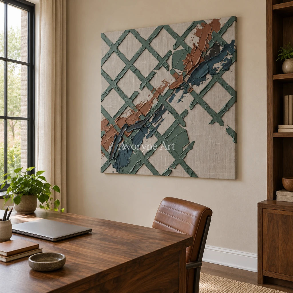 Weathered Solace sage earth grid wall art as a frameless stretched canvas in a home office