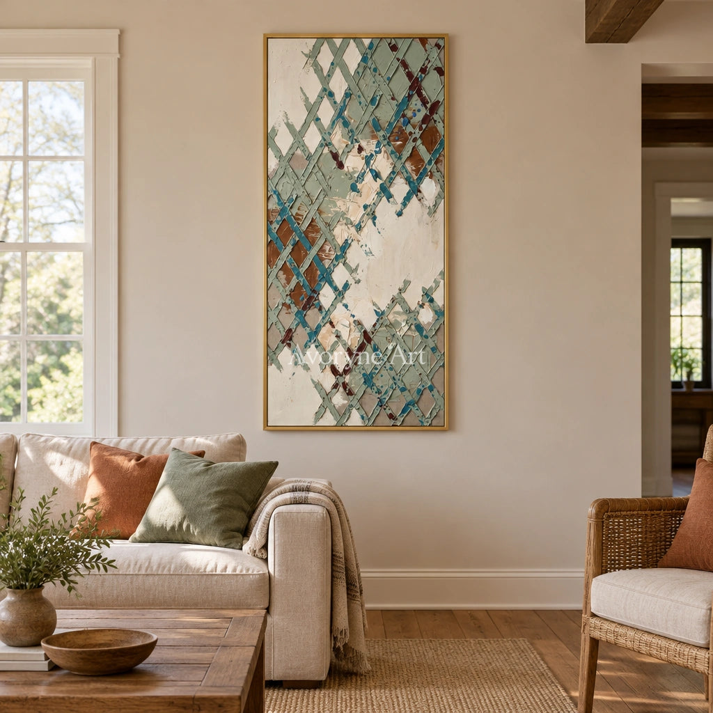 Weathered Sonata sage earth grid wall art with a gold frame hanging in a living room