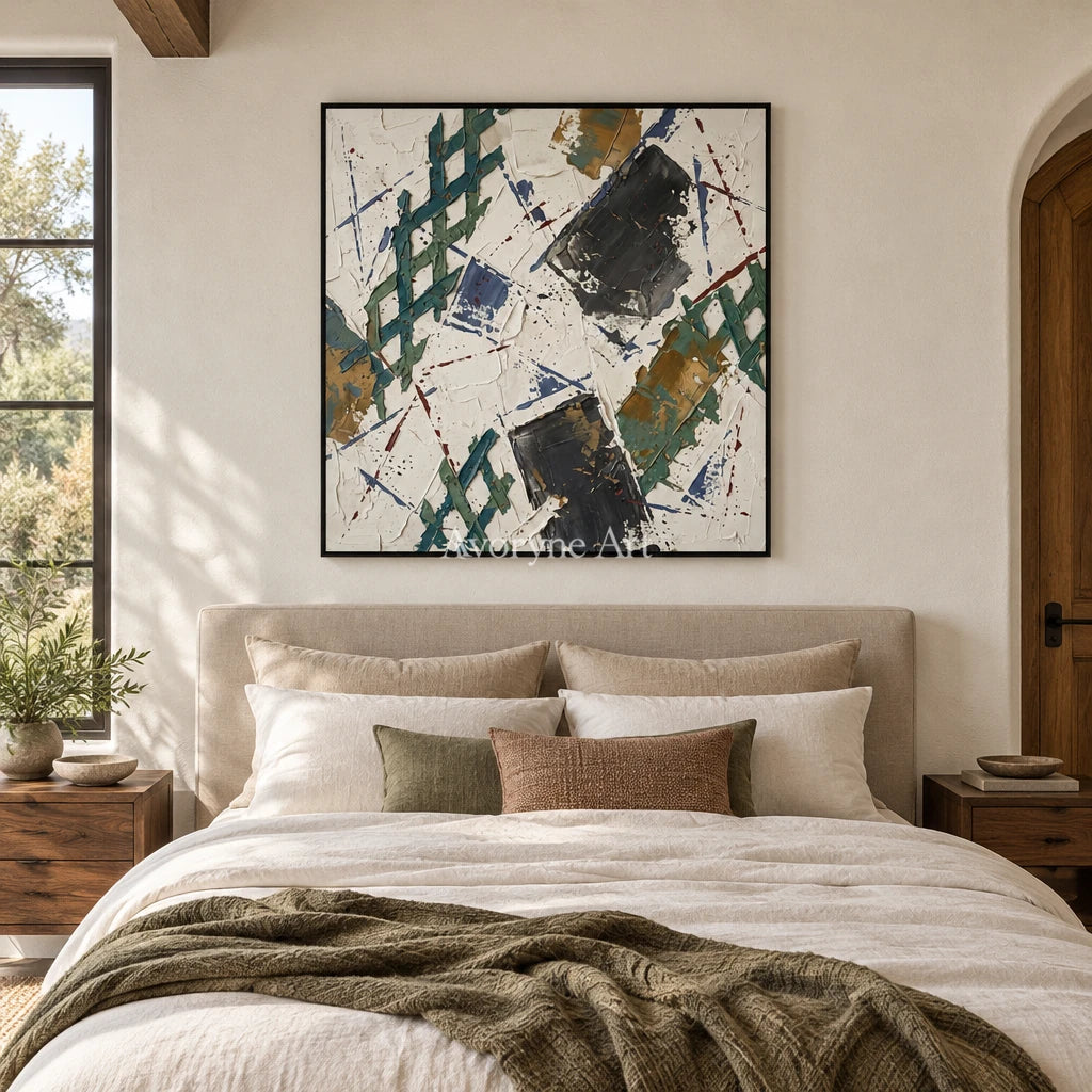 Earthen Echo sage earth grid wall art with a black frame above a bed in a bedroom