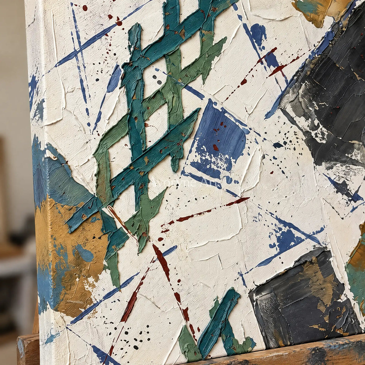 Close-up of the hand-painted texture of Earthen Echo sage earth grid wall art on an easel
