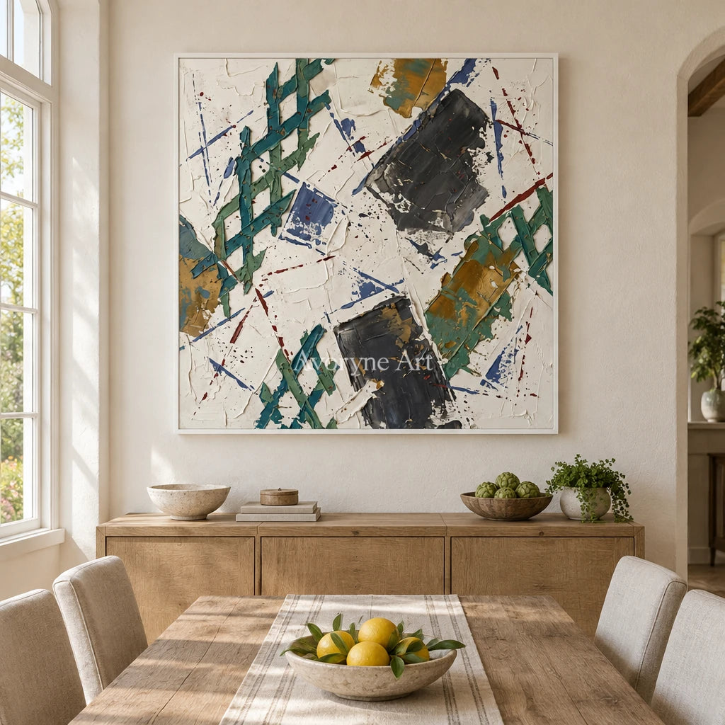 Earthen Echo sage earth grid wall art with a white frame in a dining room