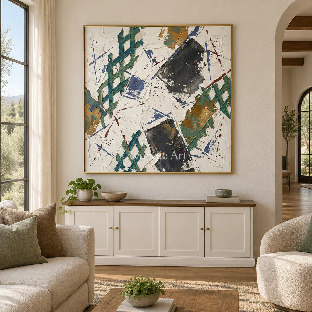 Earthen Echo sage earth grid wall art with a gold frame hanging in a living room