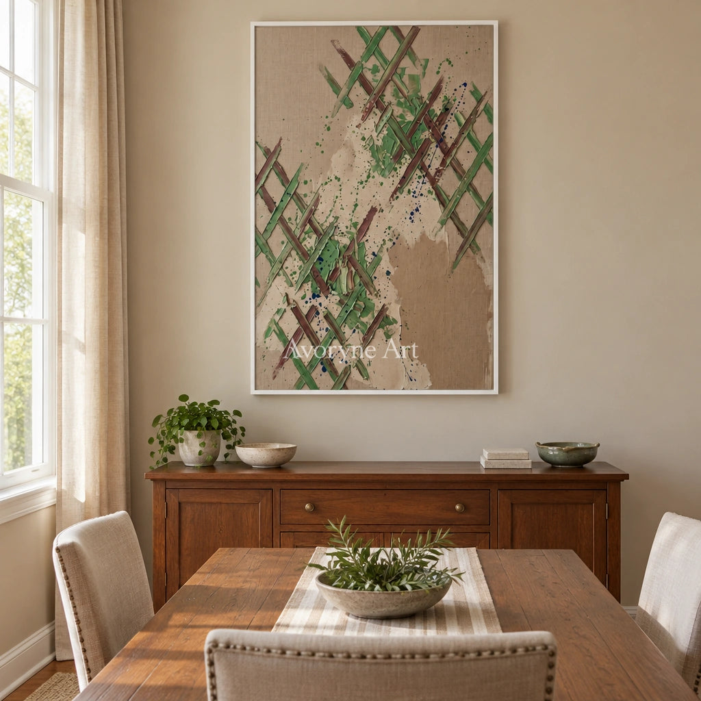 Earthen Trace sage earth grid wall art with a white frame in a dining room