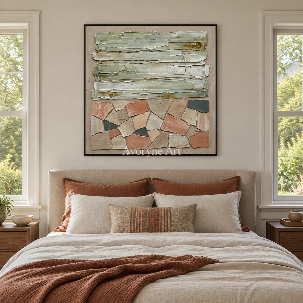 Mineral Field sage geometric relief wall art with a black frame above a bed in a bedroom