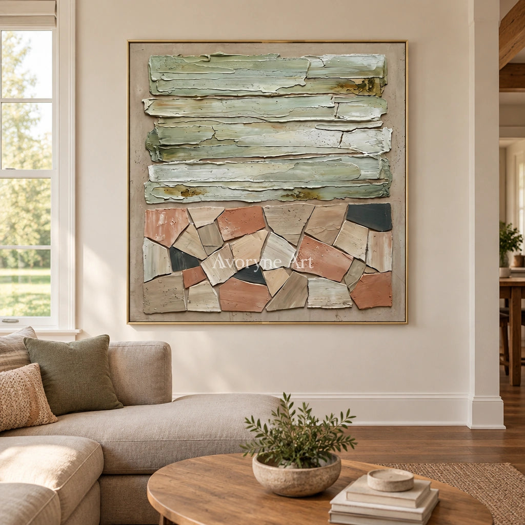 Mineral Field sage geometric relief wall art with a gold frame hanging in a living room