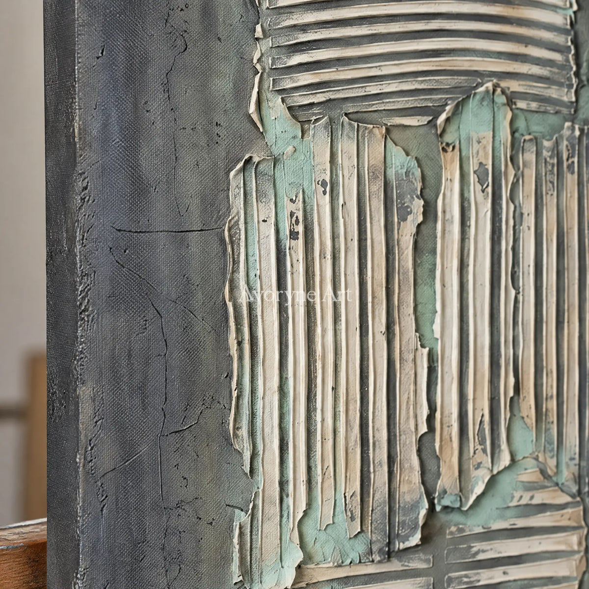 Close-up of the hand-painted texture of Mineral Reverie sage mineral texture wall art on an easel