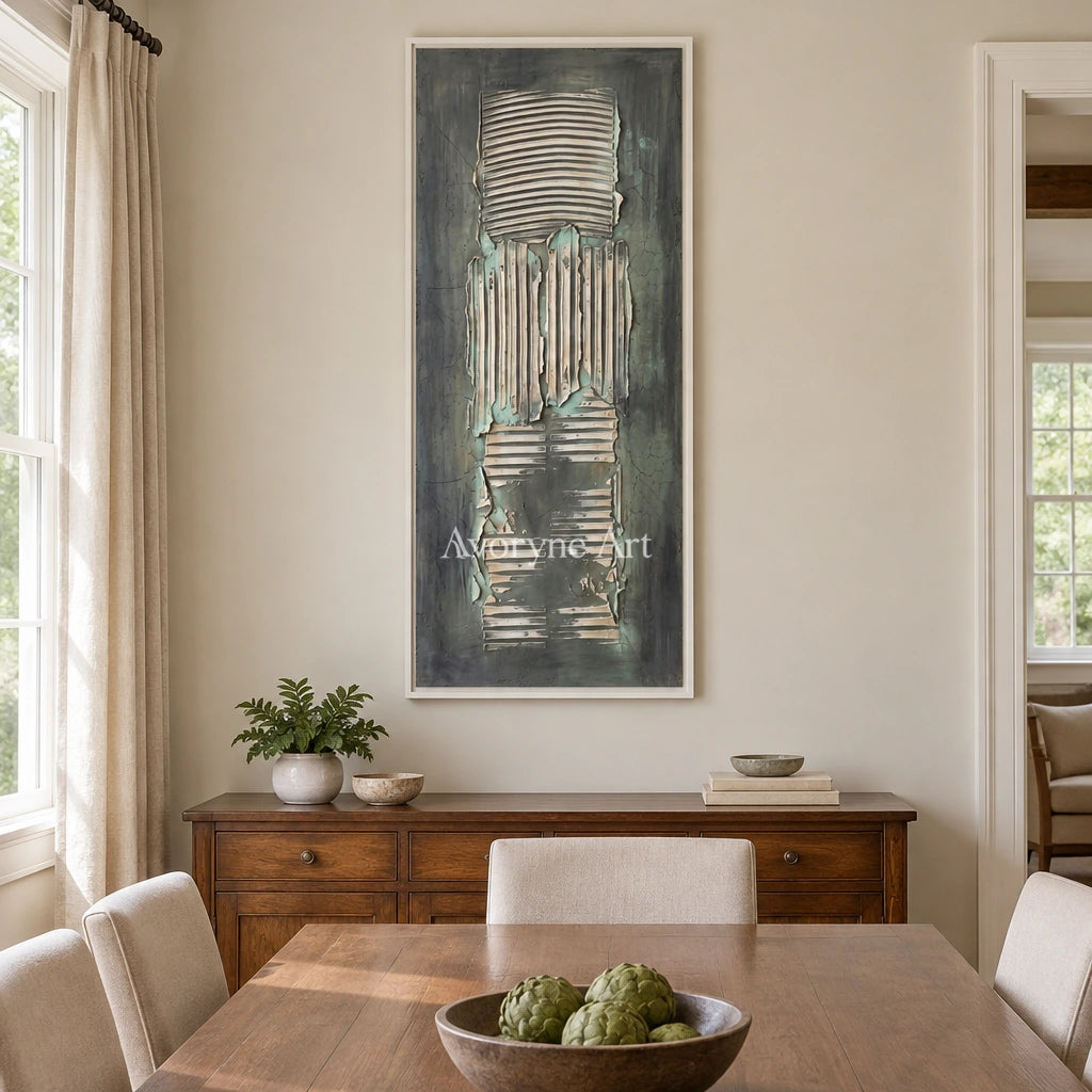 Mineral Reverie sage mineral texture wall art with a white frame in a dining room