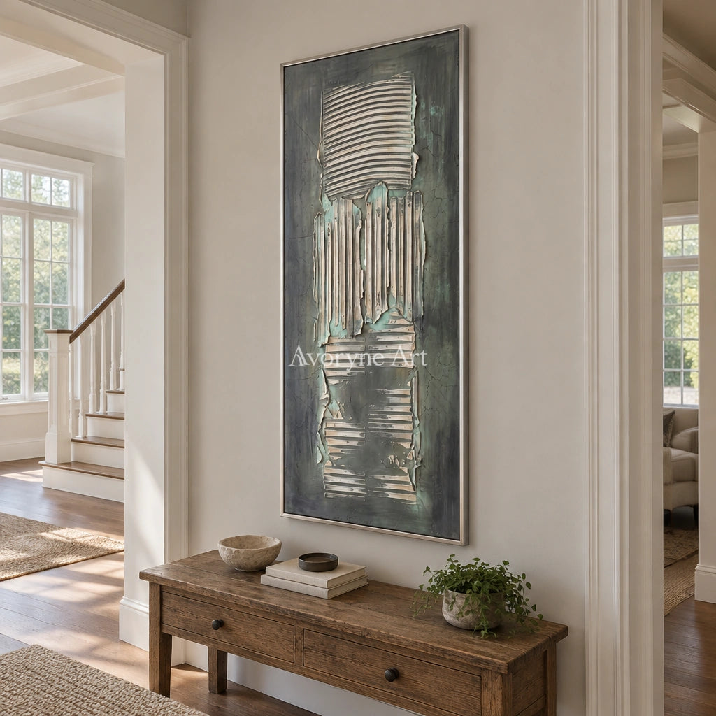 Mineral Reverie sage mineral texture wall art with a silver frame in an entryway