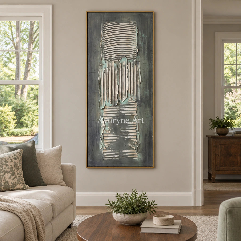 Mineral Reverie sage mineral texture wall art with a gold frame hanging in a living room