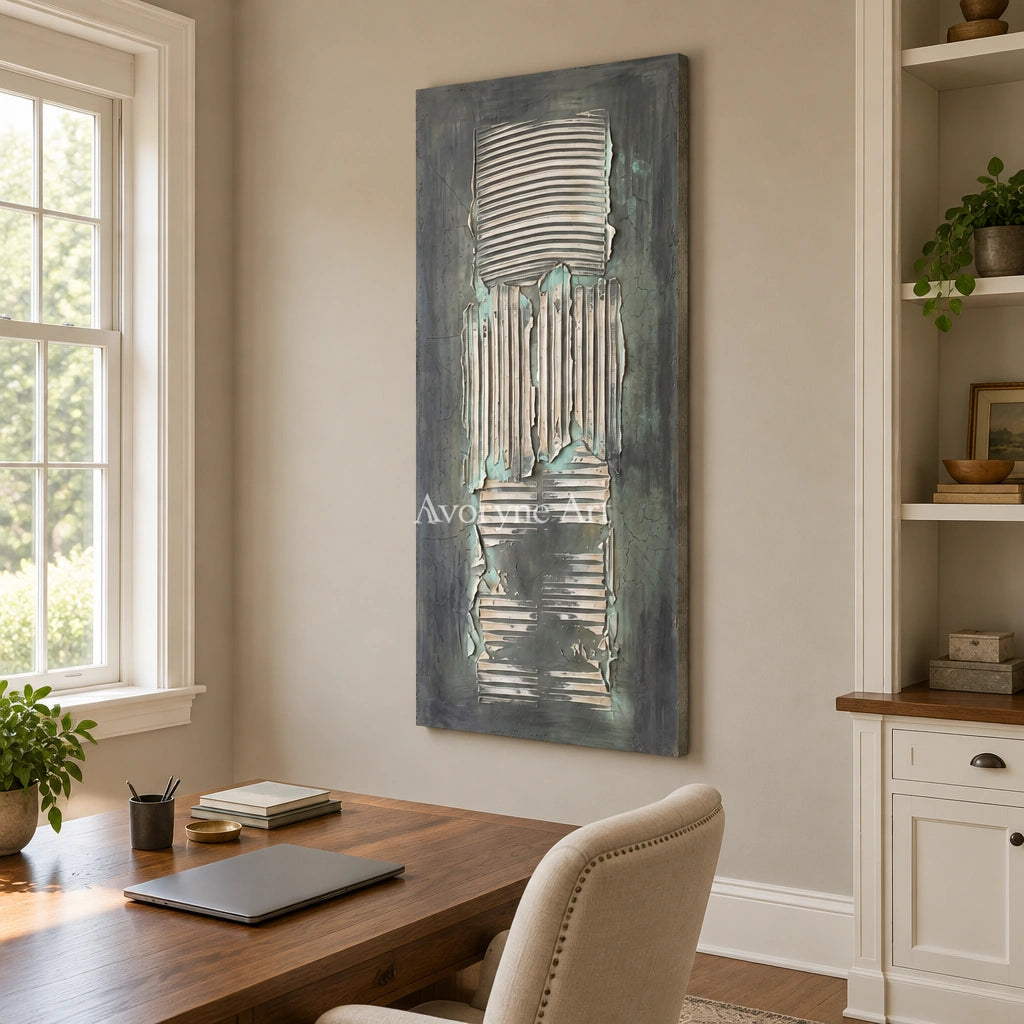 Mineral Reverie sage mineral texture wall art as a frameless stretched canvas in a home office