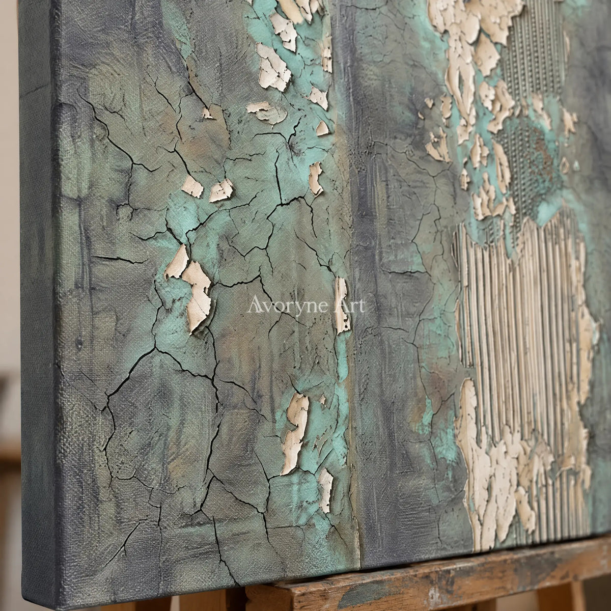 Close-up of the hand-painted texture of Mineral Solace sage mineral texture wall art on an easel