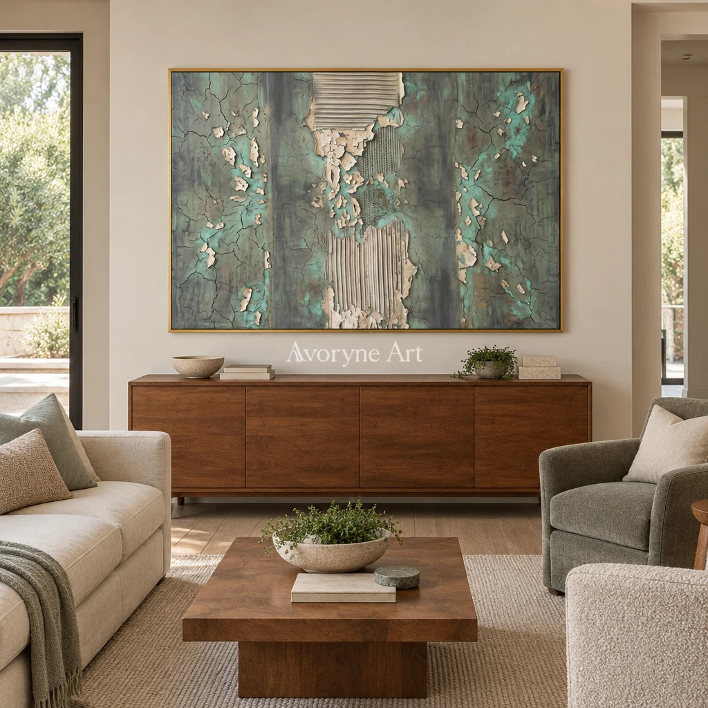 Mineral Solace sage mineral texture wall art with a gold frame hanging in a living room