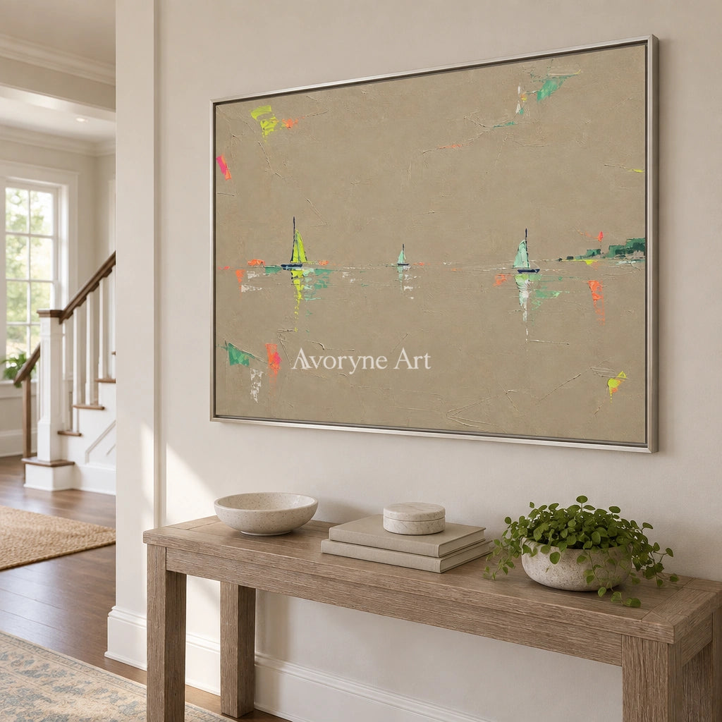 Still Interval small figure landscape wall art with a silver frame in an entryway