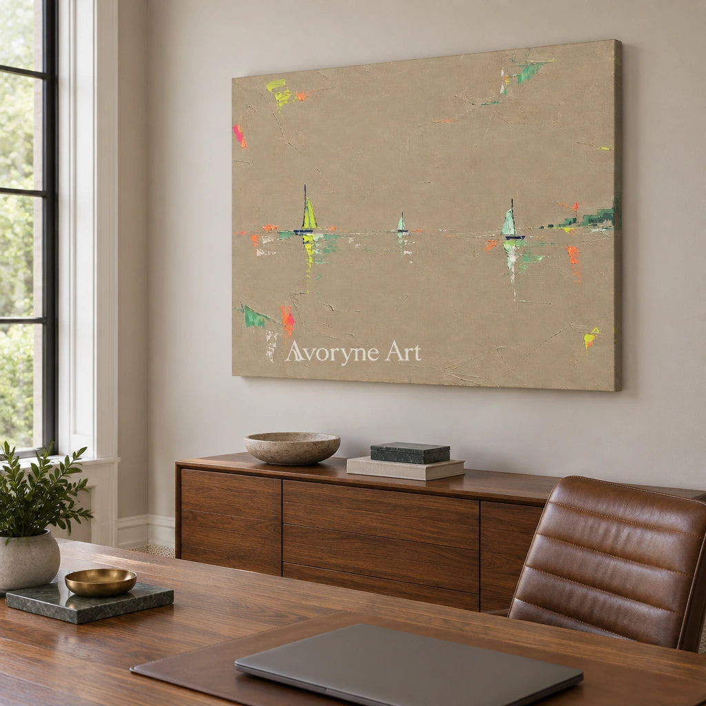 Still Interval small figure landscape wall art as a frameless stretched canvas in a home office