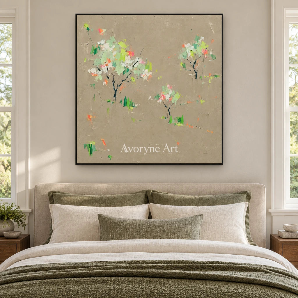 Still Rhythm small figure landscape wall art with a black frame above a bed in a bedroom