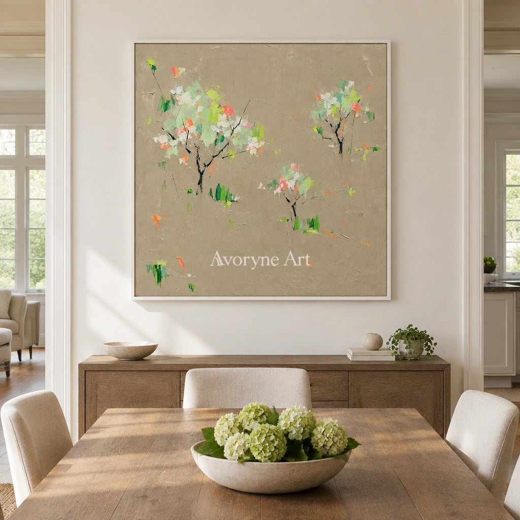 Still Rhythm small figure landscape wall art with a white frame in a dining room