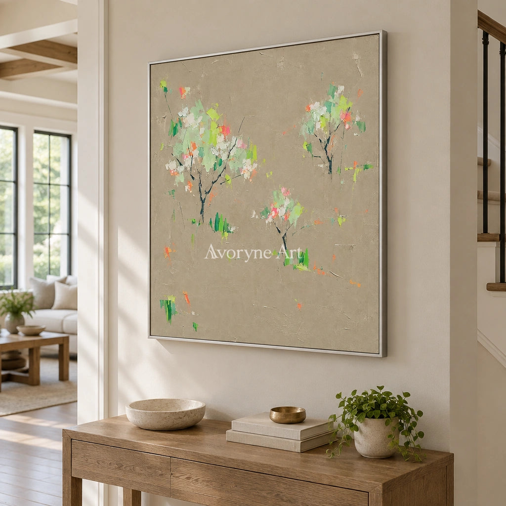Still Rhythm small figure landscape wall art with a silver frame in an entryway