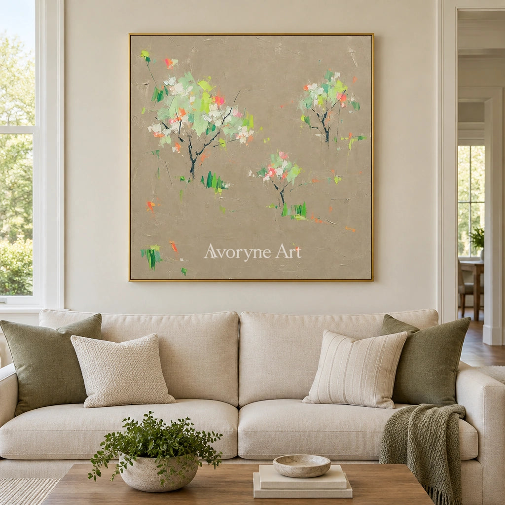 Still Rhythm small figure landscape wall art with a gold frame hanging in a living room