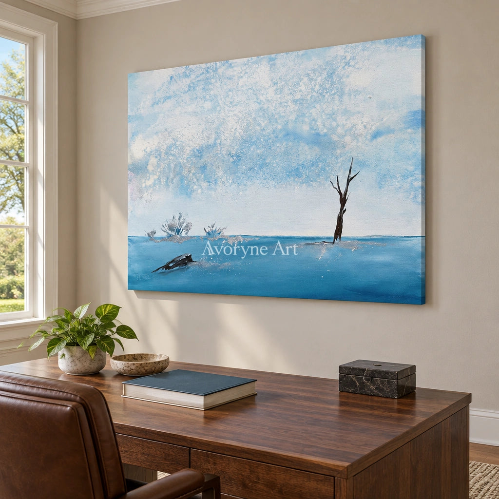 Blue Current snow branch wall art as a frameless stretched canvas in a home office