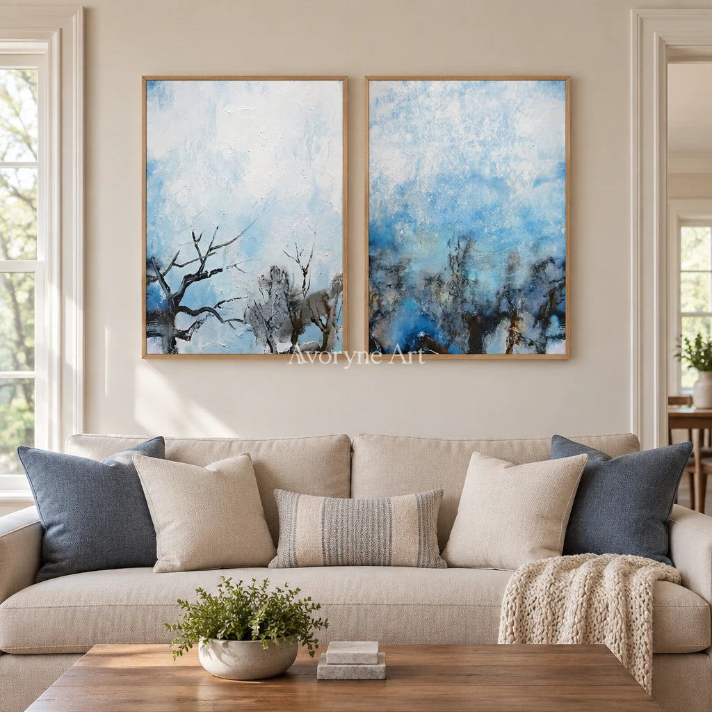 Pale Mosaic snow branch diptych with a wood frame in a villa living space