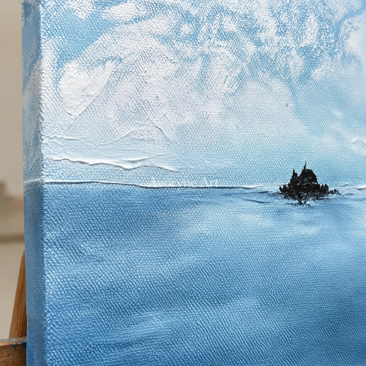 Close-up of the hand-painted texture of Deep Passage snow branch triptych on an easel