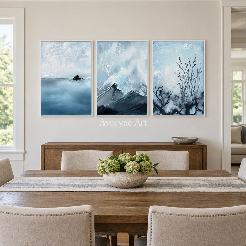 Deep Passage snow branch triptych with a white frame in a dining room