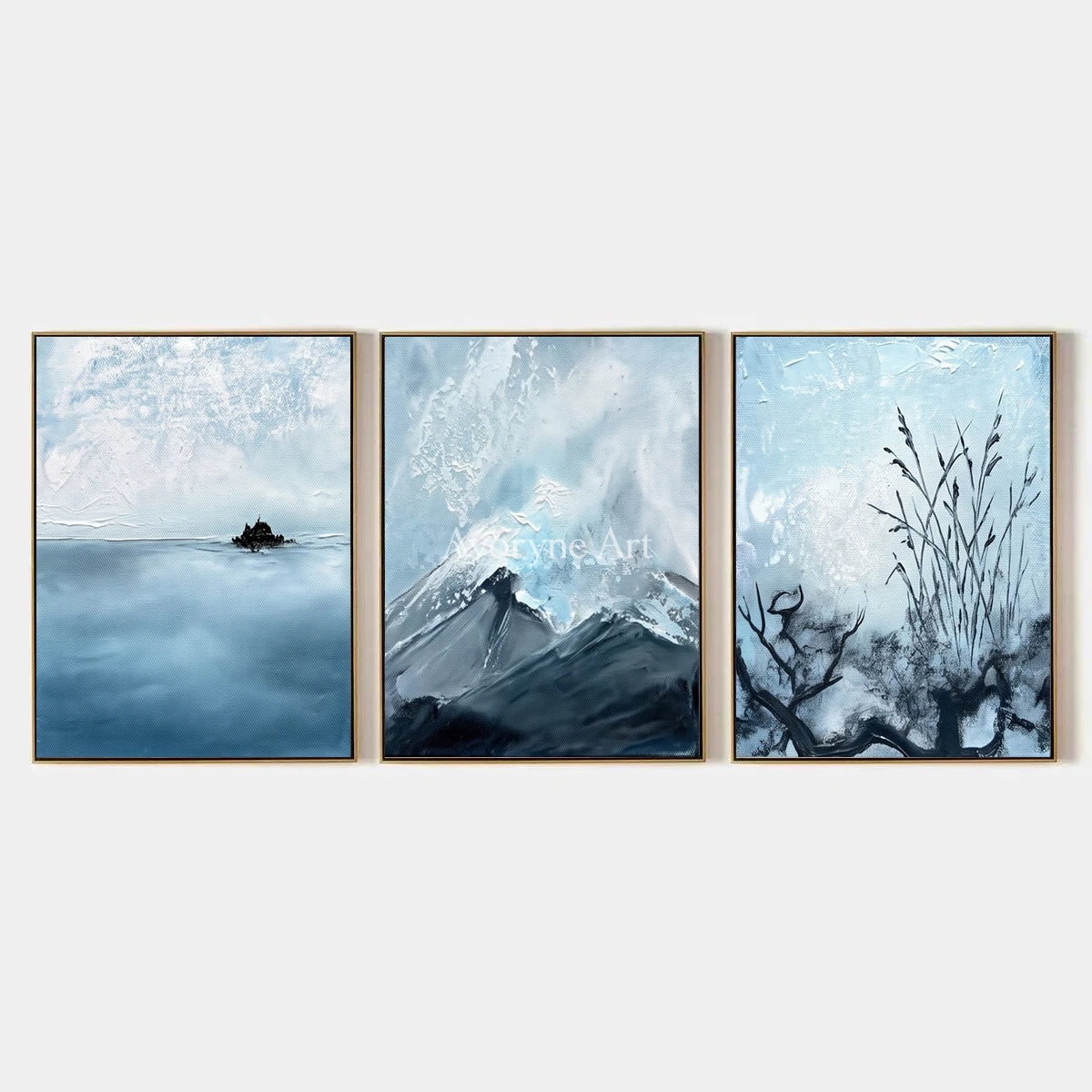 Deep Passage, hand-painted snow branch triptych by Chen Wei