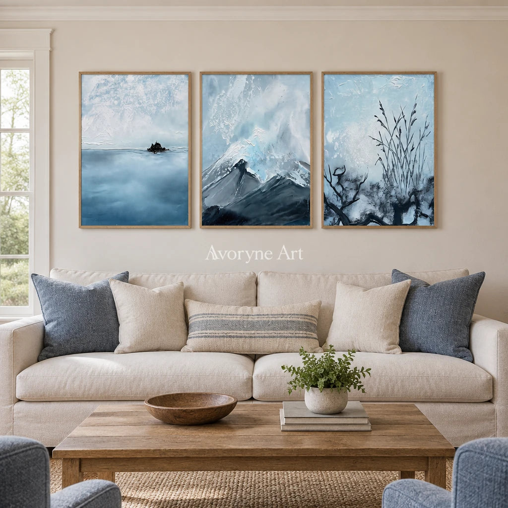 Deep Passage snow branch triptych with a wood frame in a villa living space