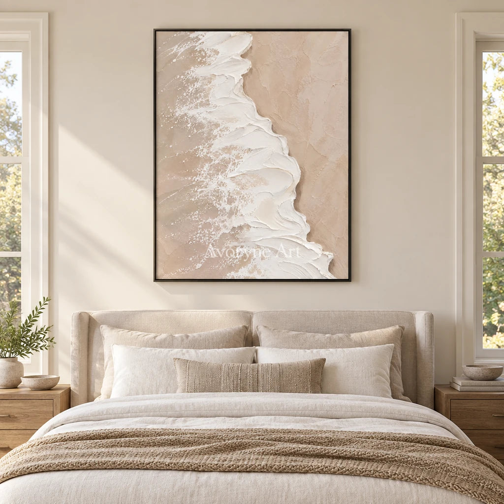 Blush Tide: Soft Coastal Impasto Wall Art — bedroom black