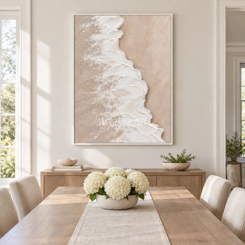 Blush Tide: Soft Coastal Impasto Wall Art — dining white