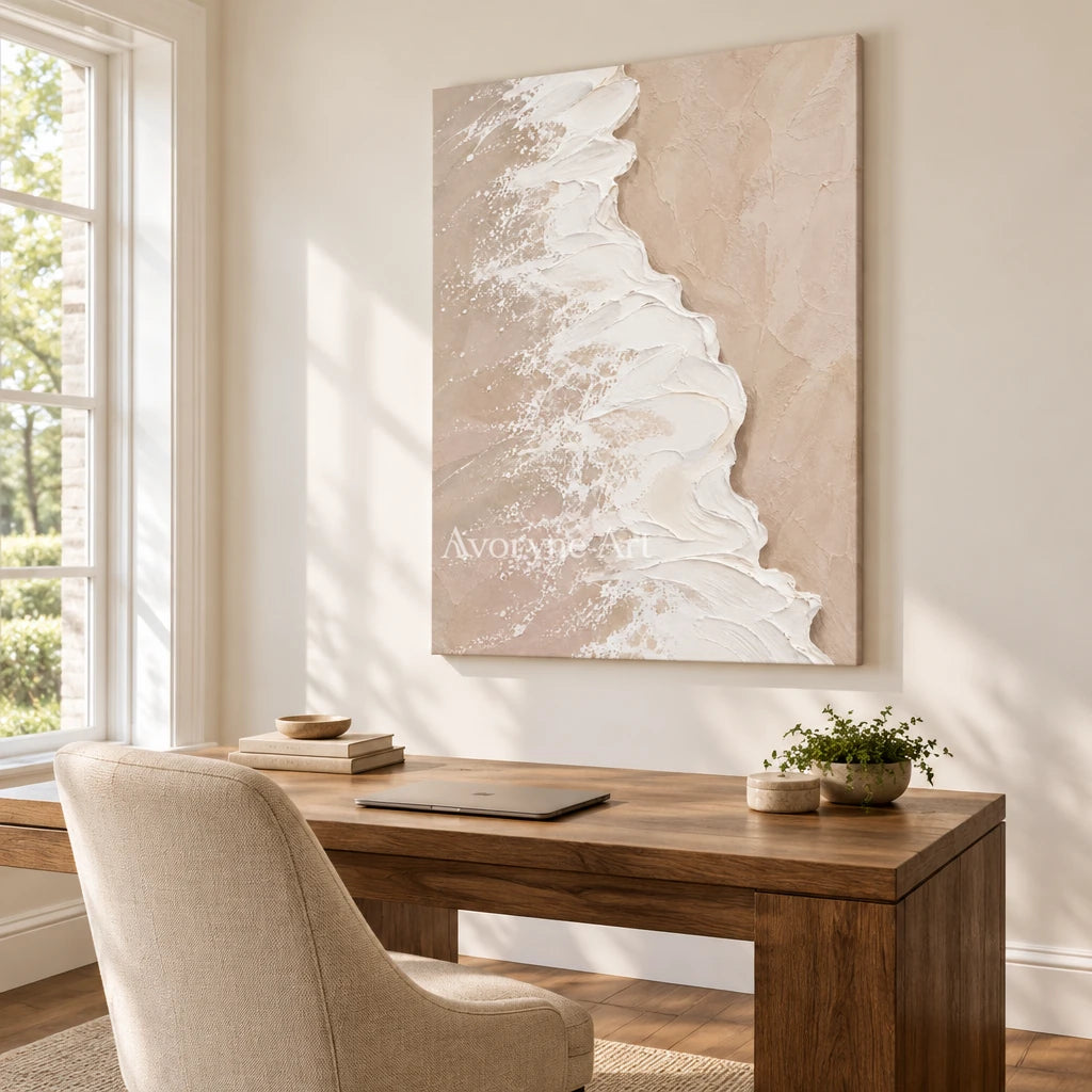 Blush Tide: Soft Coastal Impasto Wall Art — office frameless