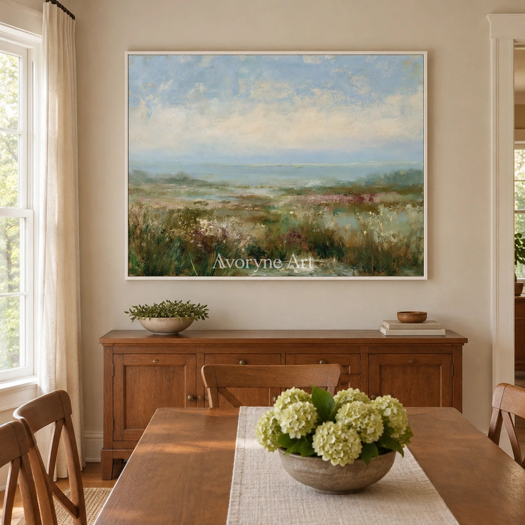 Ivory Gentle Reverie: Soft Meadow Landscape — dining white