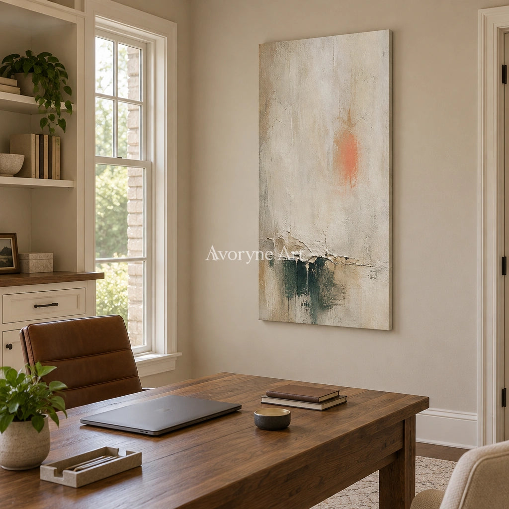 Woven Refrain soft neutral abstract wall art as a frameless stretched canvas in a home office