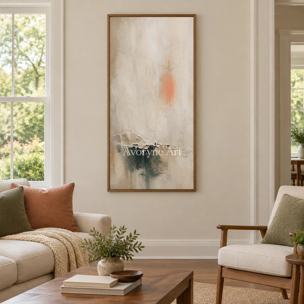 Woven Refrain soft neutral abstract wall art with a wood frame in a villa living space