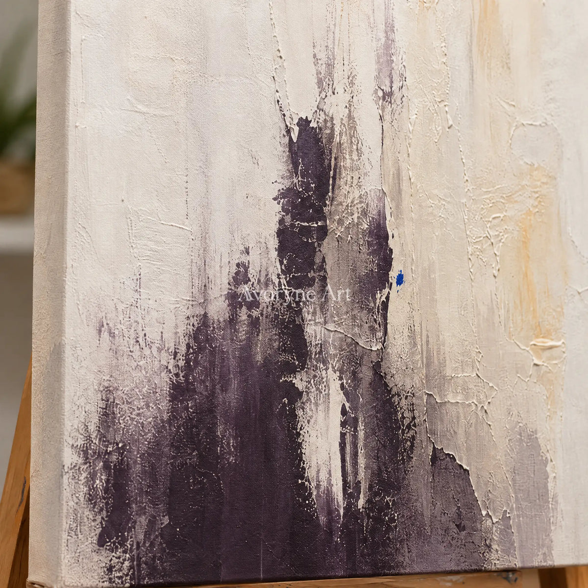 Close-up of the hand-painted texture of Woven Haven soft neutral abstract wall art on an easel