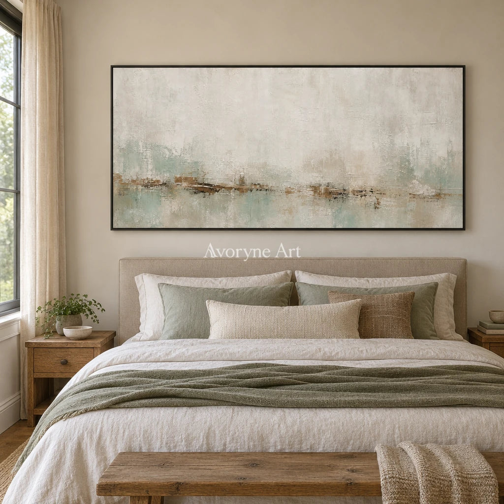 Woven Measure soft neutral abstract wall art with a black frame above a bed in a bedroom