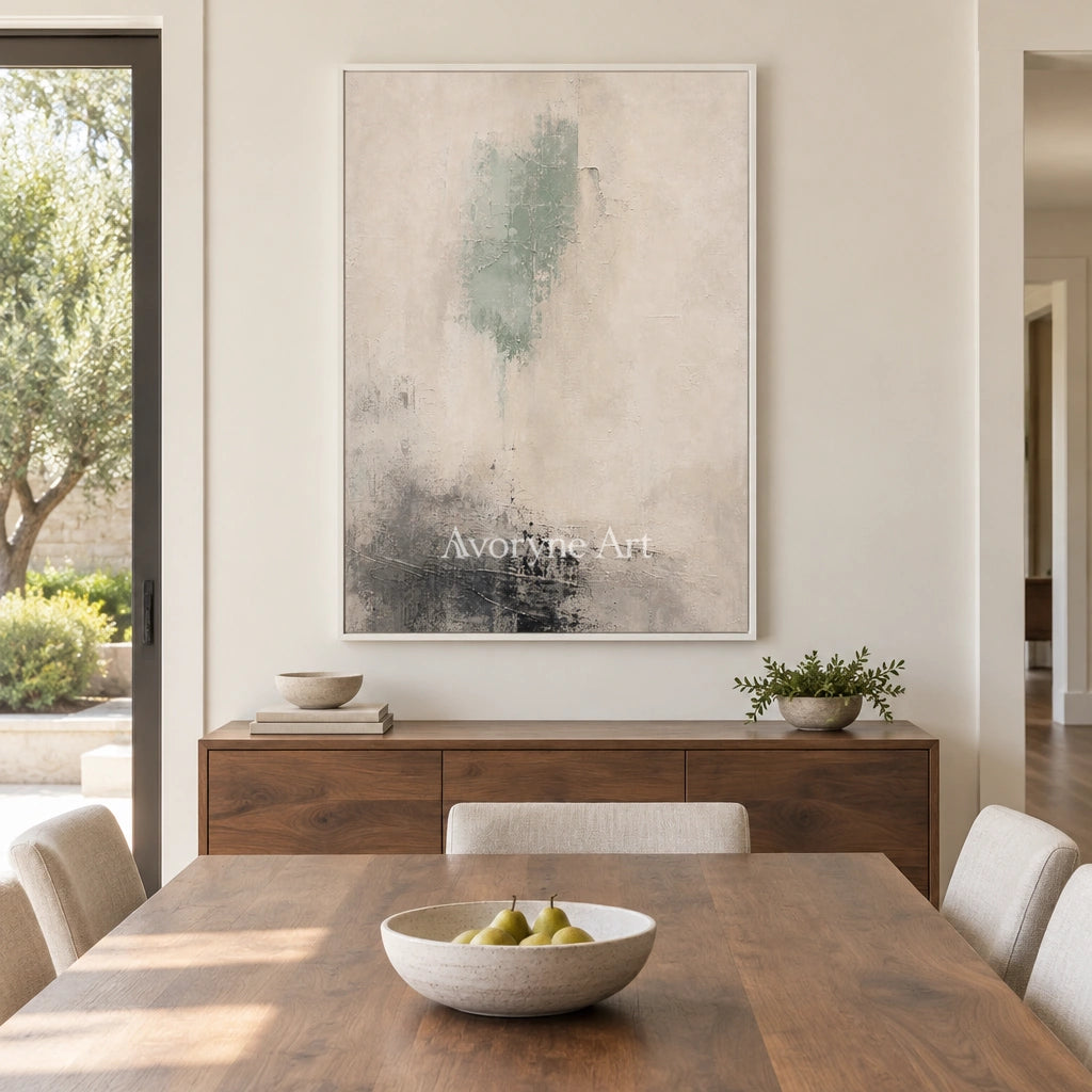 Woven Passage soft neutral abstract wall art with a white frame in a dining room