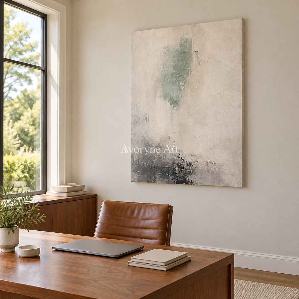 Woven Passage soft neutral abstract wall art as a frameless stretched canvas in a home office