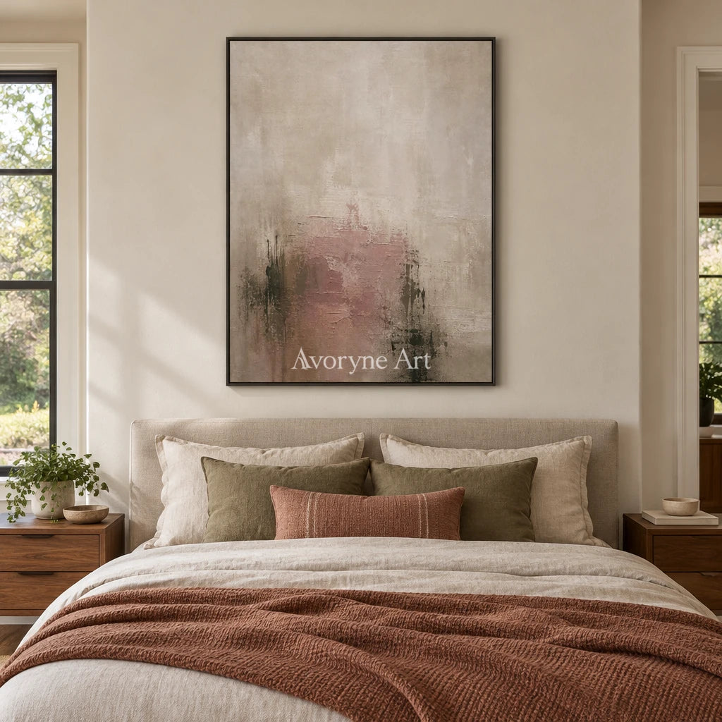 Woven Rhythm soft neutral abstract wall art with a black frame above a bed in a bedroom