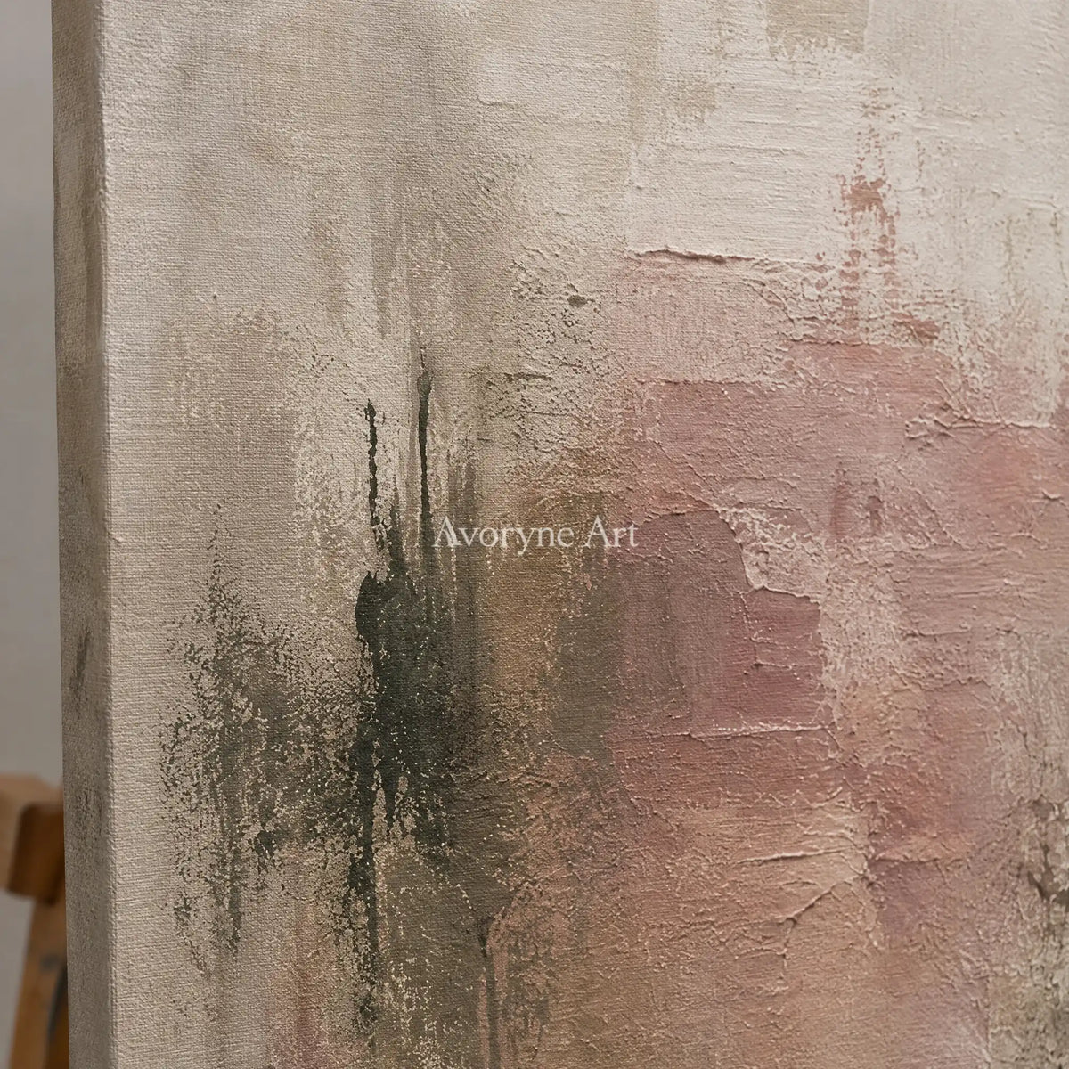 Close-up of the hand-painted texture of Woven Rhythm soft neutral abstract wall art on an easel