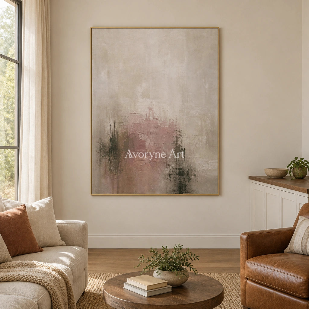 Woven Rhythm soft neutral abstract wall art with a gold frame hanging in a living room
