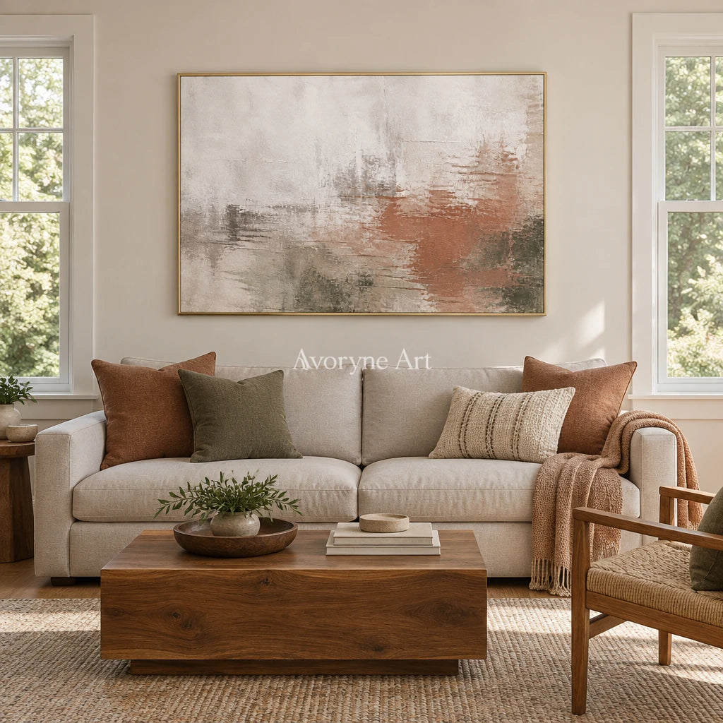 Woven Echo soft neutral abstract wall art with a gold frame hanging in a living room