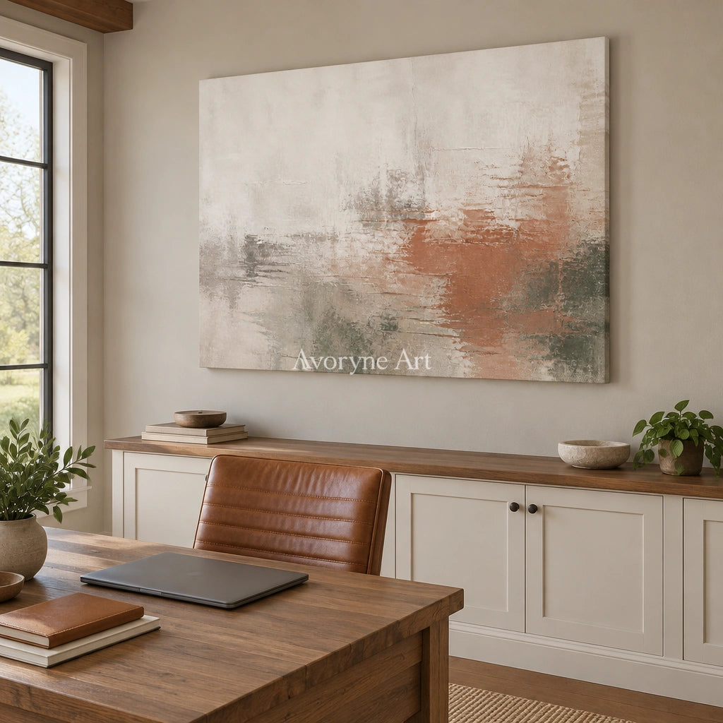 Woven Echo soft neutral abstract wall art as a frameless stretched canvas in a home office