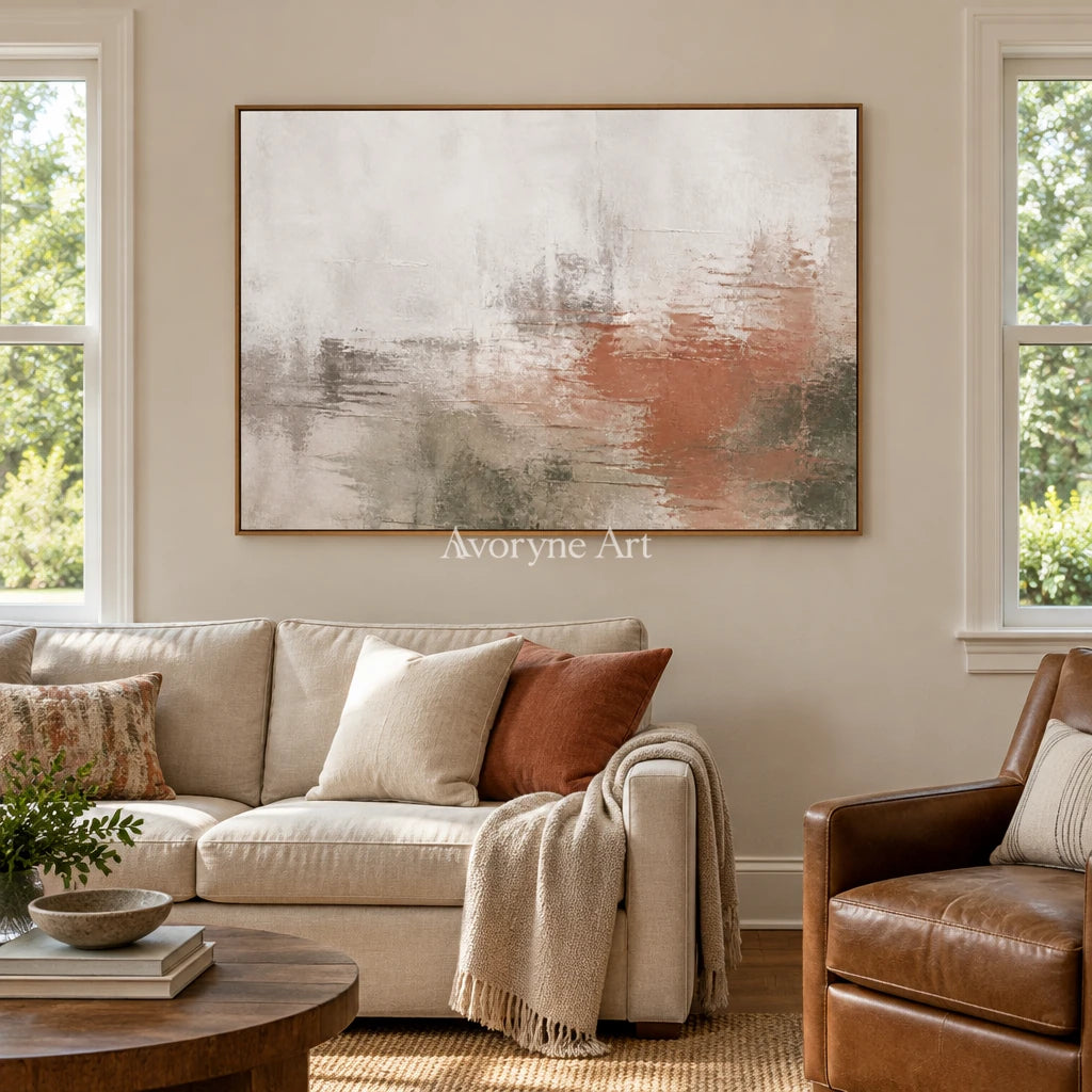 Woven Echo soft neutral abstract wall art with a wood frame in a villa living space