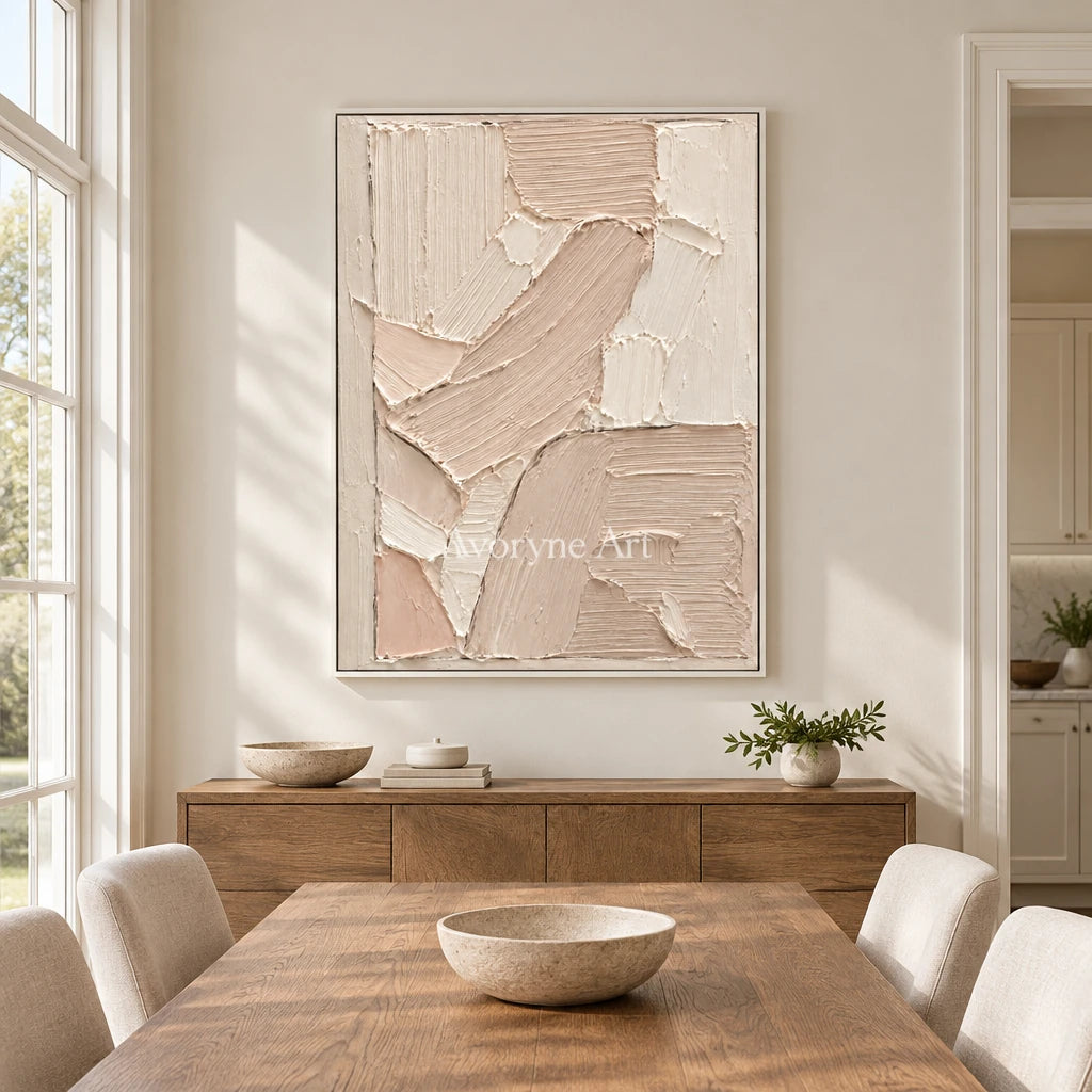 Blush Passage: Soft Neutral Impasto Wall Art — dining white