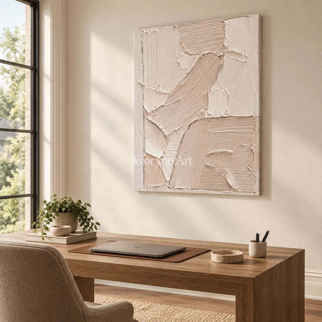 Blush Passage: Soft Neutral Impasto Wall Art — office frameless