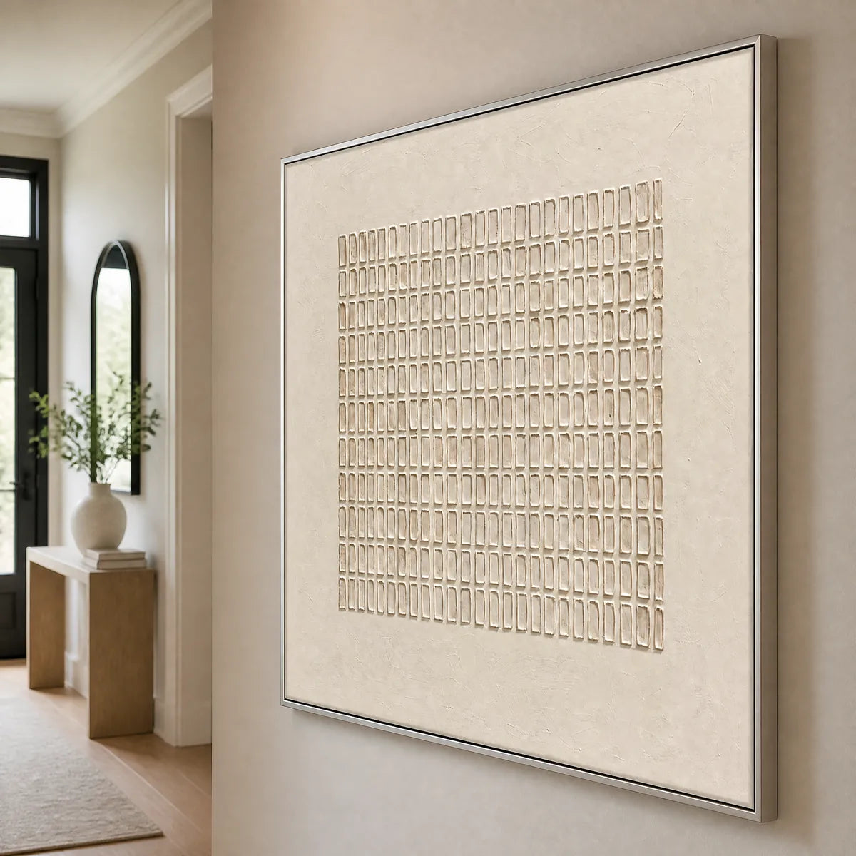 Soft Relief: Neutral Textured Wall Art - hallway silver frame