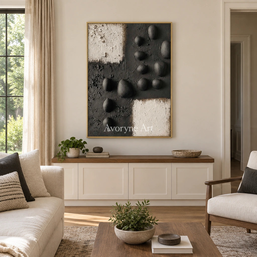 Lucent Sonata stone dot relief wall art with a gold frame hanging in a living room