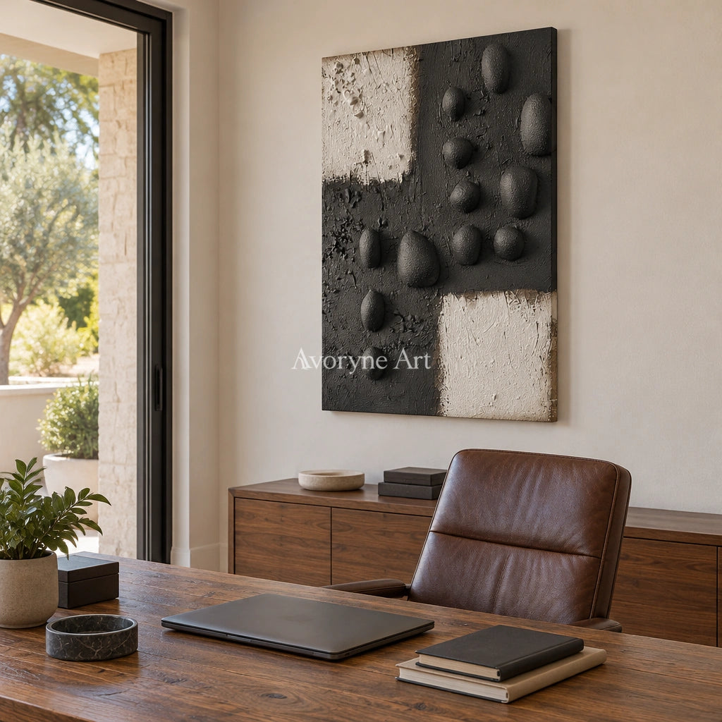 Lucent Sonata stone dot relief wall art as a frameless stretched canvas in a home office