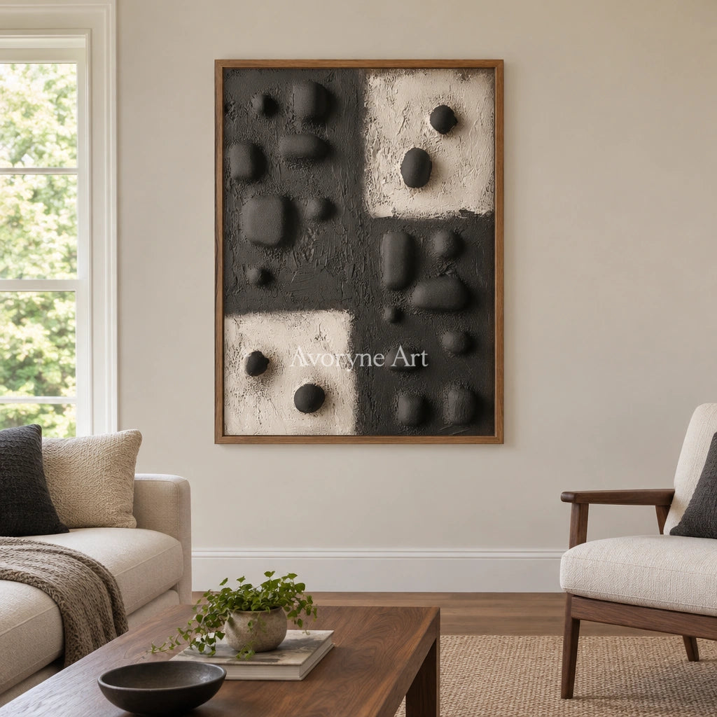 Muted Refrain stone dot relief wall art with a wood frame in a villa living space